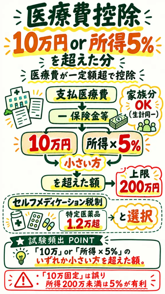 医療費控除のノート。10万円か所得の5%の低い方を超えた額が控除され、上限は200万円という図