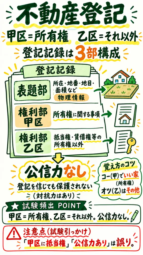 不動産登記のノート。登記記録を表題部・甲区・乙区の3段で示した図