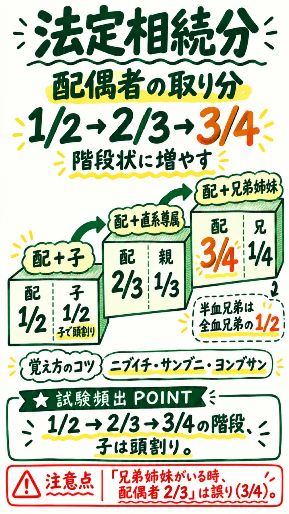 法定相続分のノート。配偶者の取り分が 1/2、2/3、3/4 と階段状に増える図